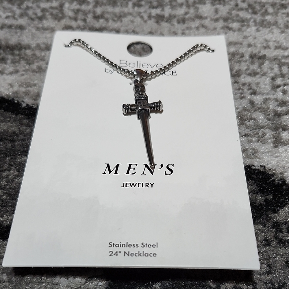 BELIEVE BY BRILLIANCE 24" STAINLESS STEEL SWORD/CROSS SKULL NECKLACE